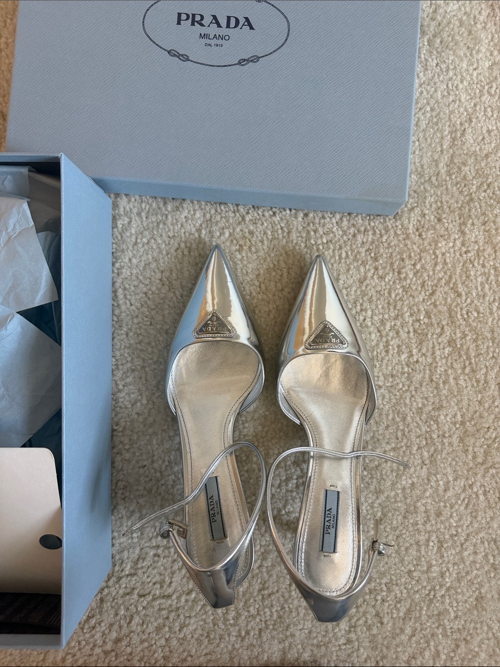 Prada Metallic Silver Pointed-Toe Slingback Pumps